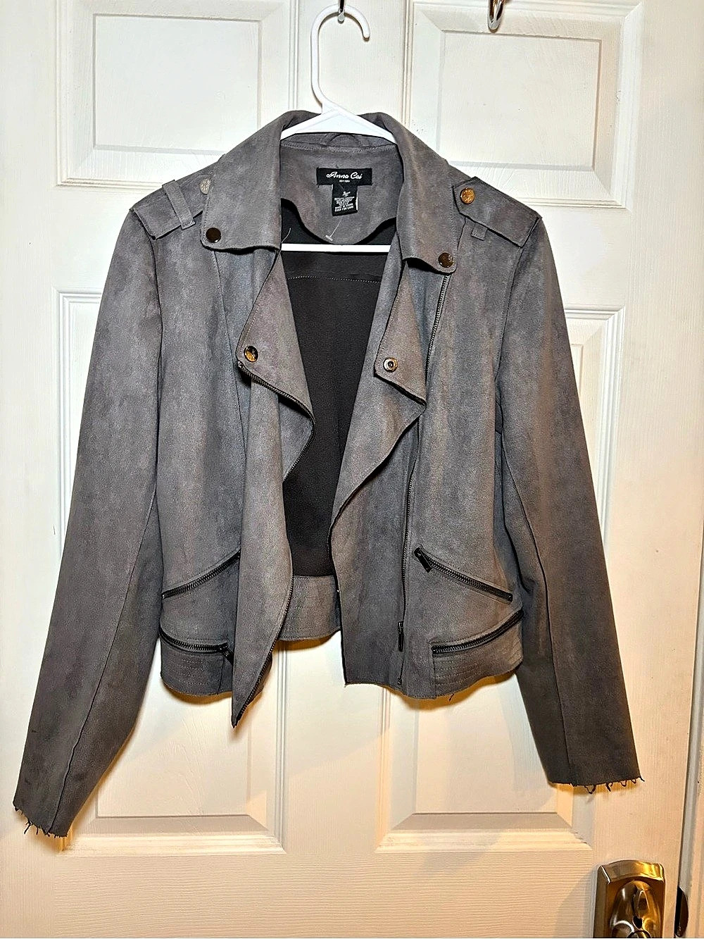 Anna Cai Faux Suede Moto Jacket Gray Size Small